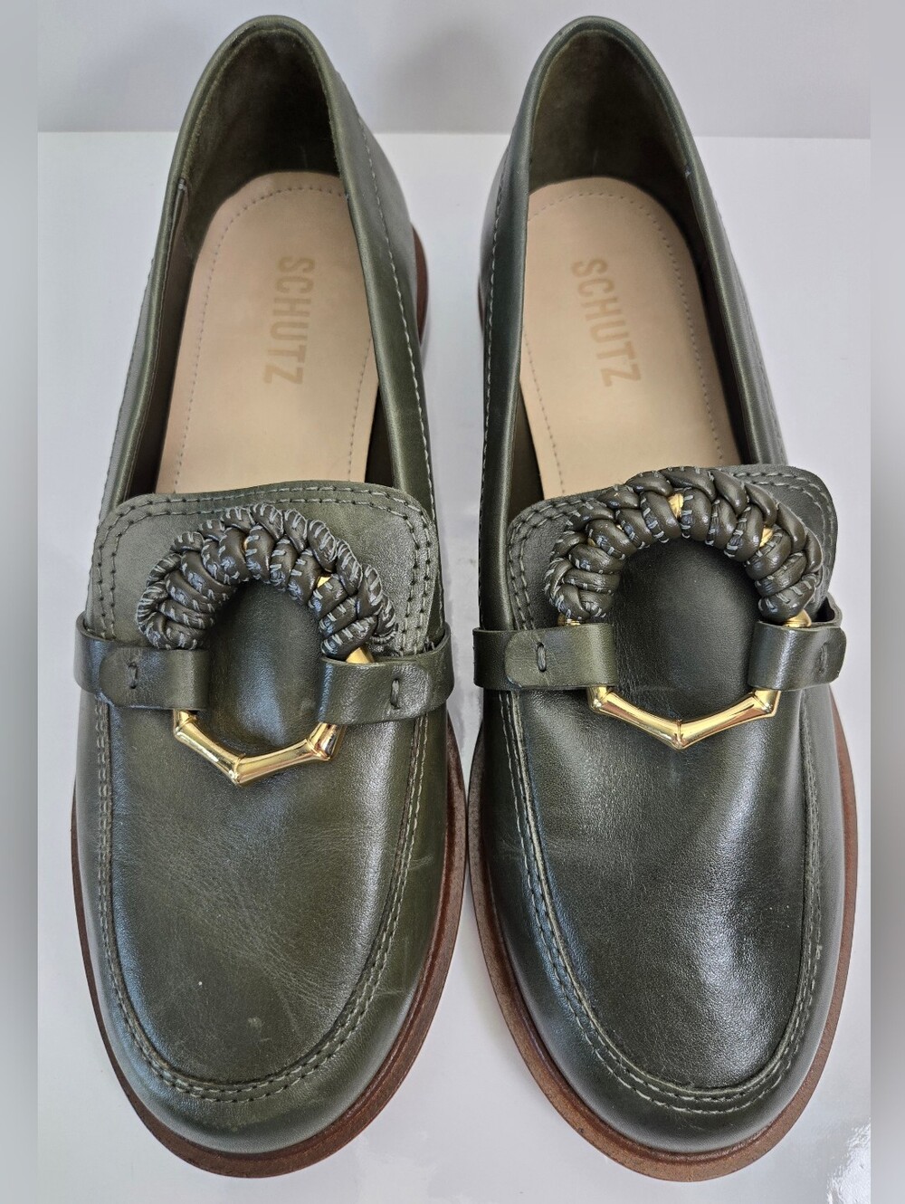 Schutz Women's Leather Lug Loafers Rhino Militar Green Size 7B